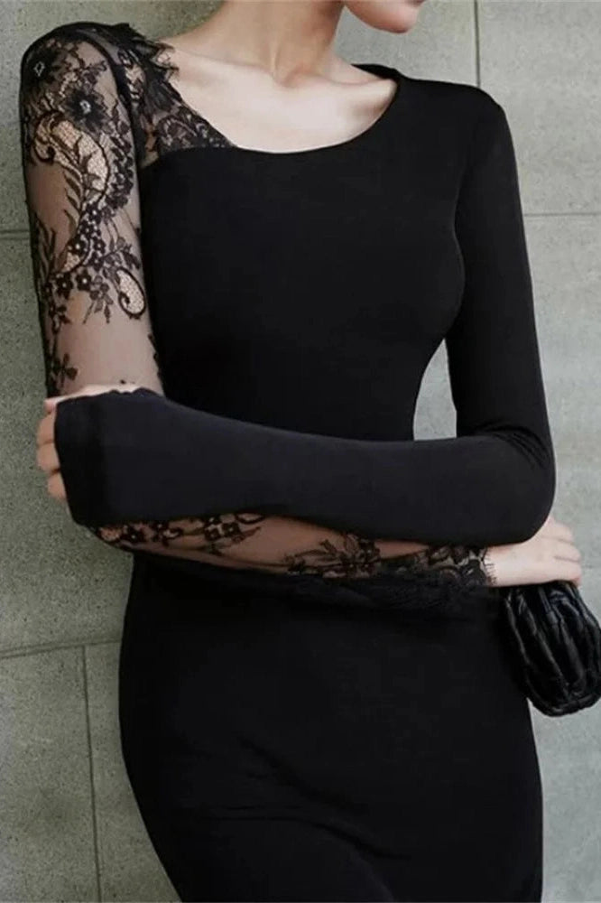 Glorol - Lace Printed See-Through Long Sleeve Maxi Dress