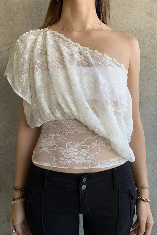 Glorol - Lace One-Shoulder Patchwork See-Through Top