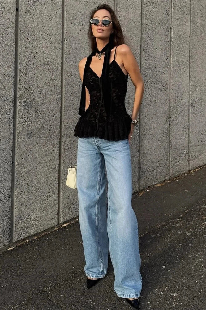 Glorol - Lace Printed V-Neck Backless Patchwork Top