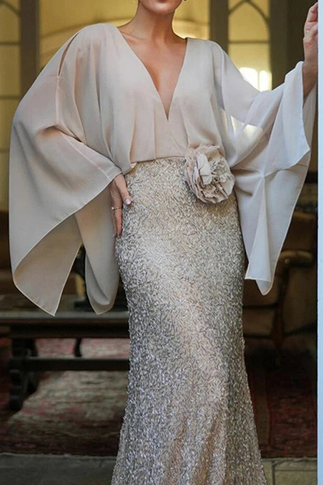 Glorol - Elegant V-Neck Sleeve High Waist Maxi Dress