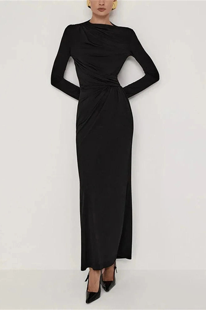 Glorol - Pleated Slim High Waist Long Sleeve Patchwork Maxi Dress