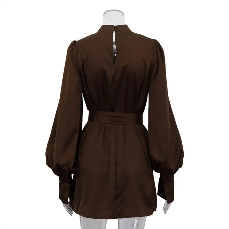 Glorol - Elegant Lace Up Half High Neck High Waist Mini Dress