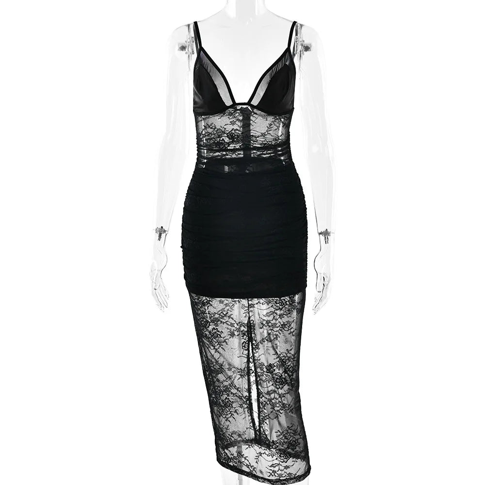 Glorol - Lace See Through Split Patchwork Midi Dress
