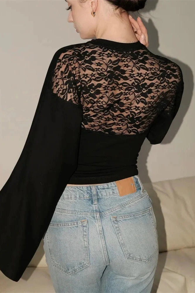 Glorol - Printed Backless Loose Patchwork Long Sleeve Top