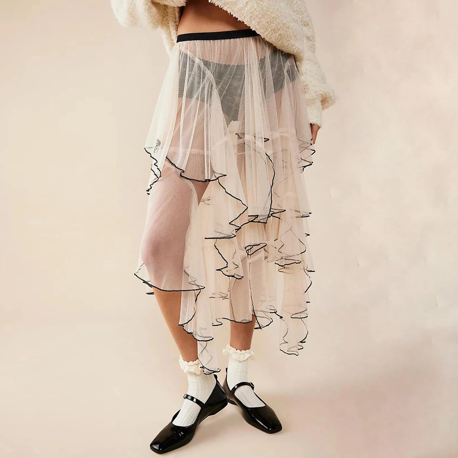 Glorol - Sheer Tulle Irregular Layered Elastic Skirt