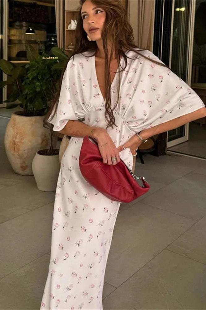 Glorol - Printed V-Neck High Waist Slim Maxi Dress