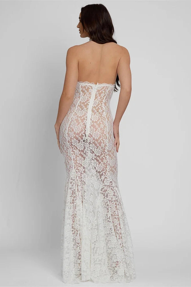 Glorol - Lace Printed Backless See-Through Patchwork Maxi Dress