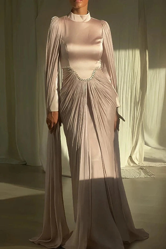 Glorol - Long Sleeve High Waist O-Neck Pleated Maxi Dress