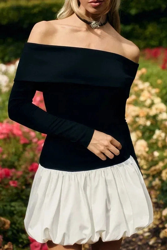 Glorol - Elegant Off-Shoulder Patchwork Long Sleeve Slim Mini Dress