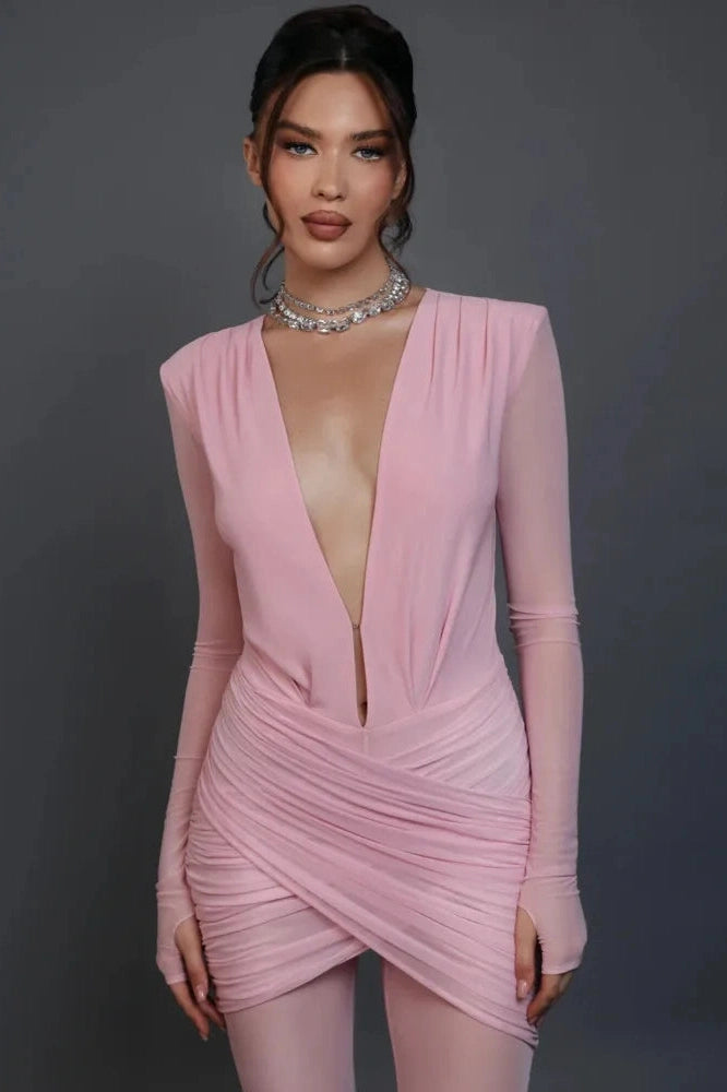 Glorol - Deep V Long Sleeve Double Layer Patchwork Jumpsuit