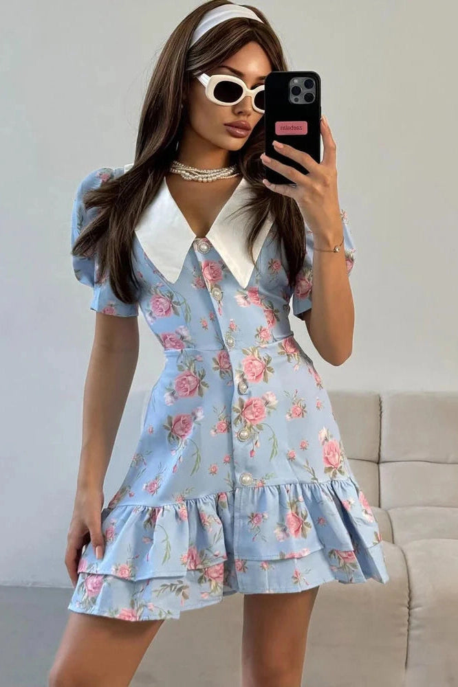Glorol - Printed Short Sleeve Patchwork Bodycon Mini Dress