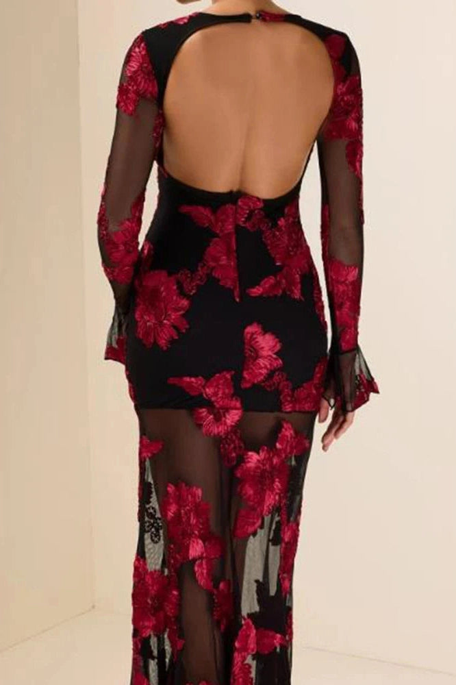 Glorol - Lace Embroidery Floral Fit See-Through Backless High Waist Maxi Dress
