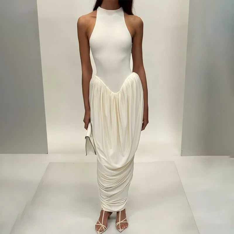 Glorol - Elegant  Pleated High Neck Slit Maxi Dress