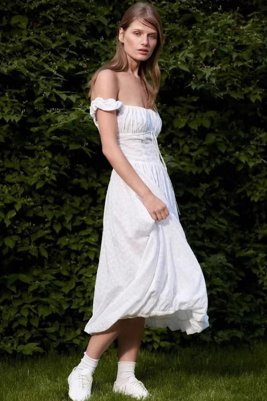 Glorol - Hollow Embroidery Off-Shoulder Slim Midi Dress