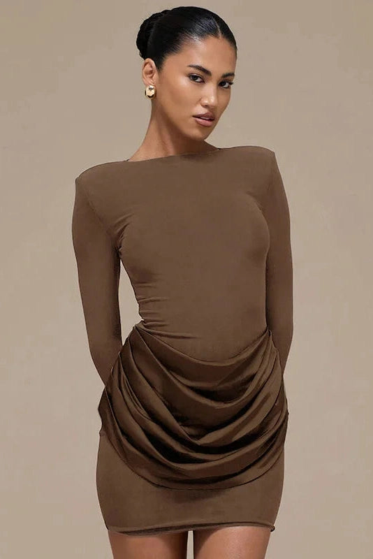 Glorol - Elegant Pleated Slim Round Neck Long Sleeve Mini Dress