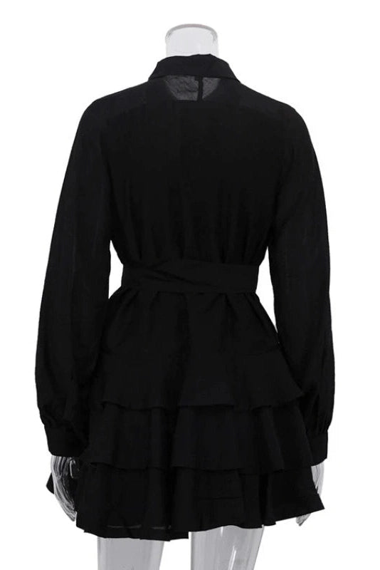 Glorol - Elegant Long Sleeves Single-Breasted Belt Mini Dress