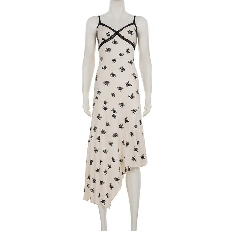 Glorol - Lace Printed V Neck Spaghetti Strap Slim Midi Dress