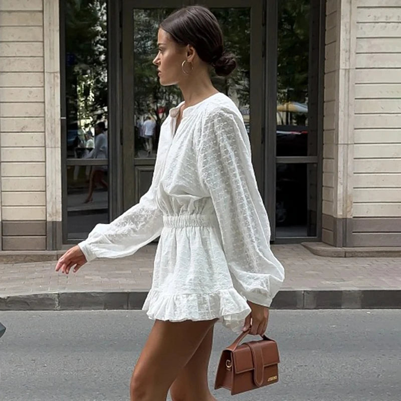 Glorol - O Neck Long Sleeve Pleated A-line Mini Dress