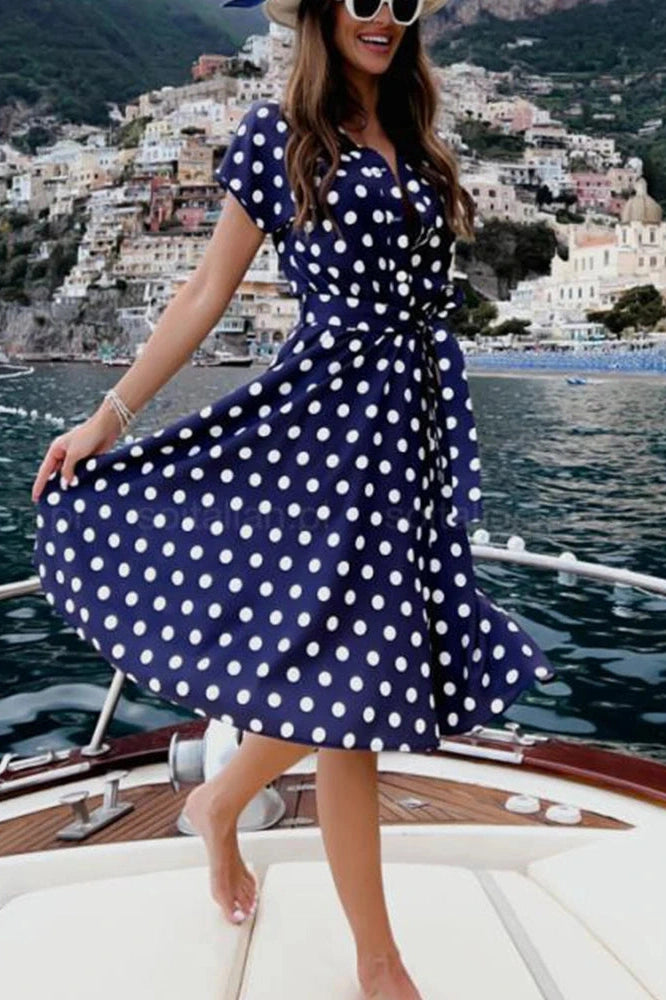Glorol - Polka Dot Print V-Neck Button Lace-up Slim A-Line Midi Dress