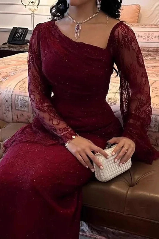 Glorol - Elegant Lace Slim Slash Collar Long Sleeve Irregular Maxi Dress