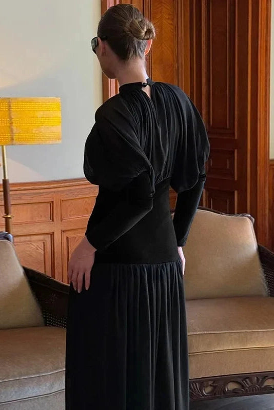 Glorol - Elegant Round Neck Long Sleeve High Waist Slim Maxi Dress