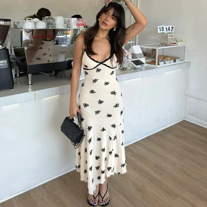Glorol - Printed V-Neck Sleeveless Patchwork Maxi Dress