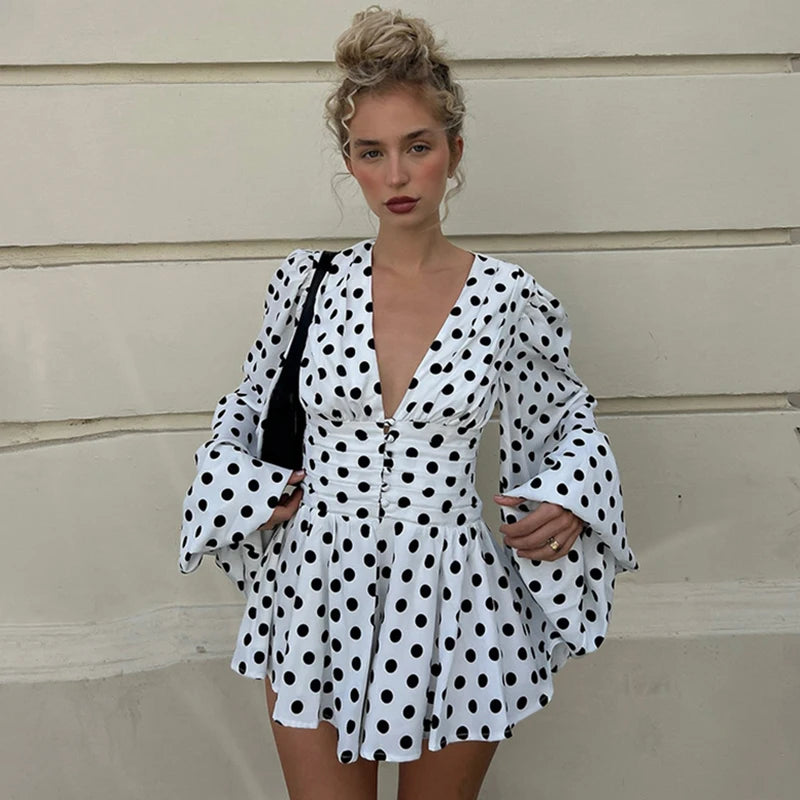 Glorol - Polka Dot Print Deep V-Neck Single-Breasted Mini Dress