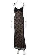 Glorol - Lace Patchwork V-Neck Backless Slim Maxi Dress