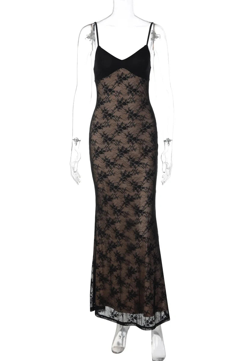 Glorol - Lace Patchwork V-Neck Backless Slim Maxi Dress