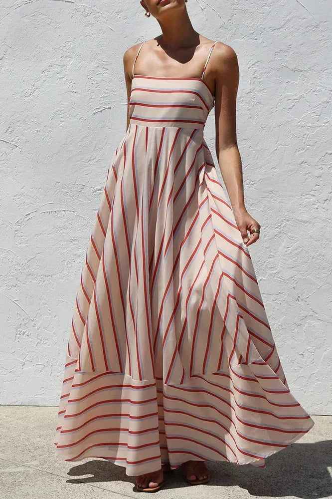 Stripe Printed Sleeveless Pleated High Waist Maxi Dress
