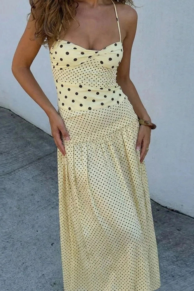 Glorol - Polka Dot Off-Shoulder Sleeveless Backless Bodycon Maxi Dress