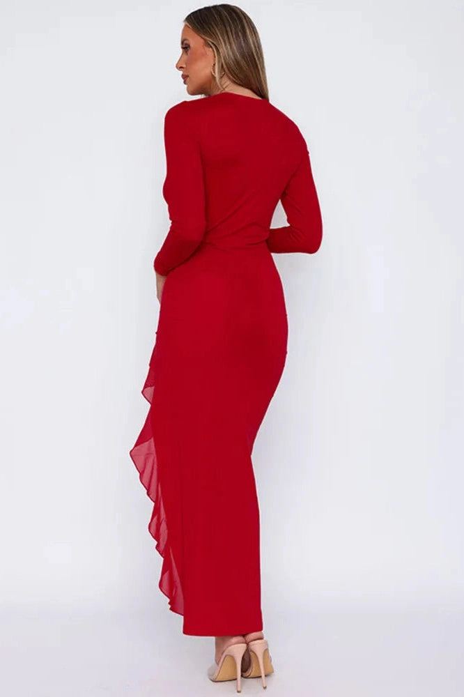 Glorol - Long Sleeve High Split Deep V Neck Bodycon Maxi Dress