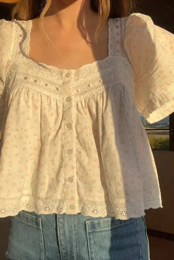 Glorol - Button-Up Lace Short Sleeve Top