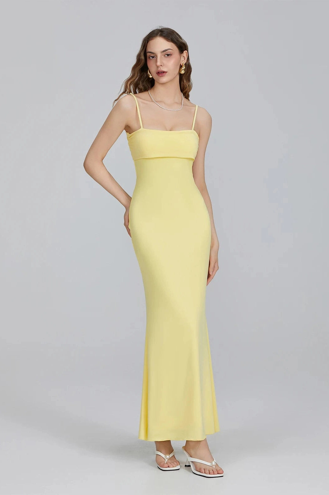 Glorol - Square Neck Spaghetti Strap Slim Fit Maxi Dress