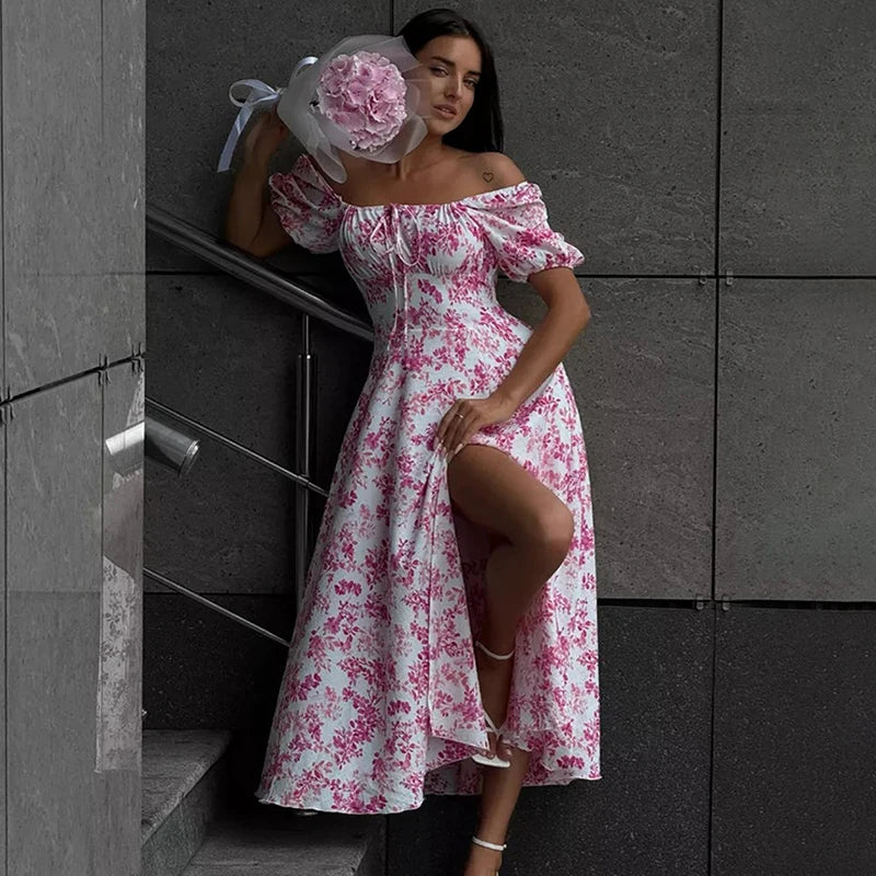 Glorol - Off Shoulder Short Sleeve Lace Printed Slit Maxi Dress