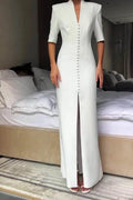 Glorol - Slim Half Sleeve High Waist Split V-Neck Single Breasted Maxi Dress