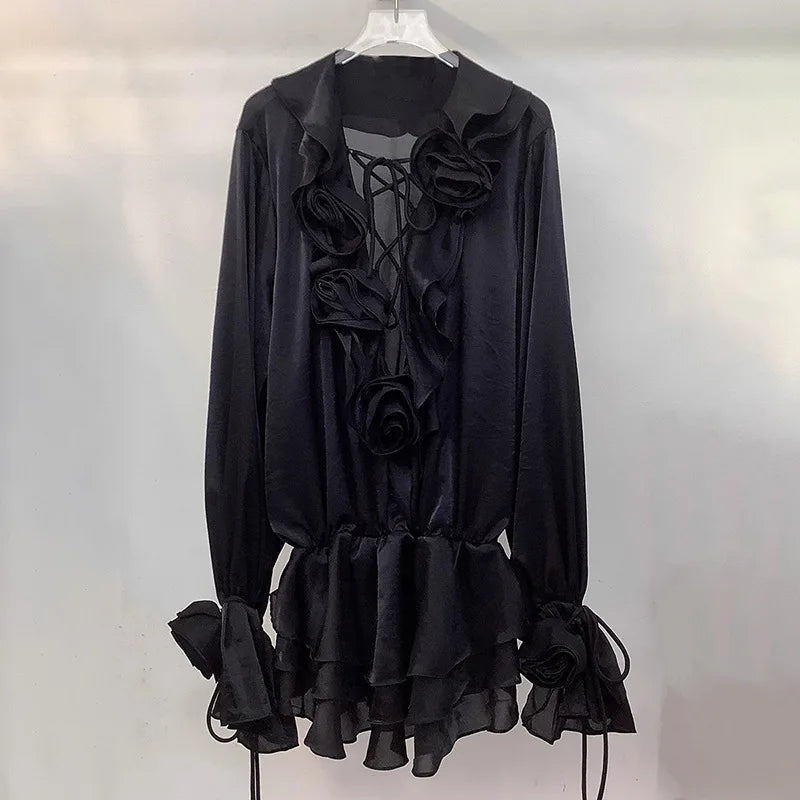 Glorol - See-Through Lace Up Long Sleeve Mini Dress