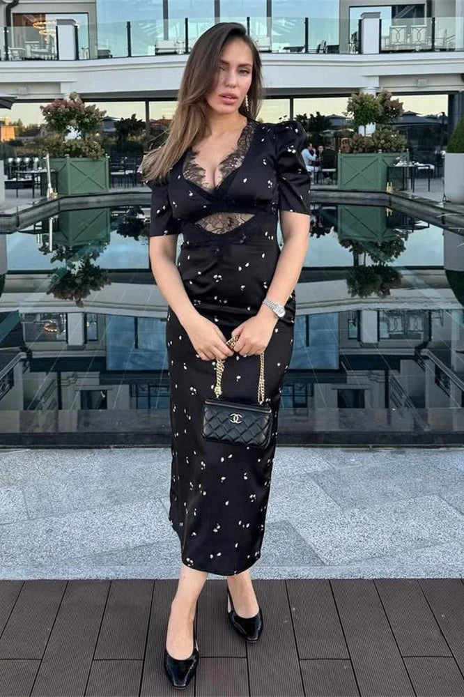 Glorol - Hollow Out V-Neck Lace Short Sleeve Patchwork Maxi Dress