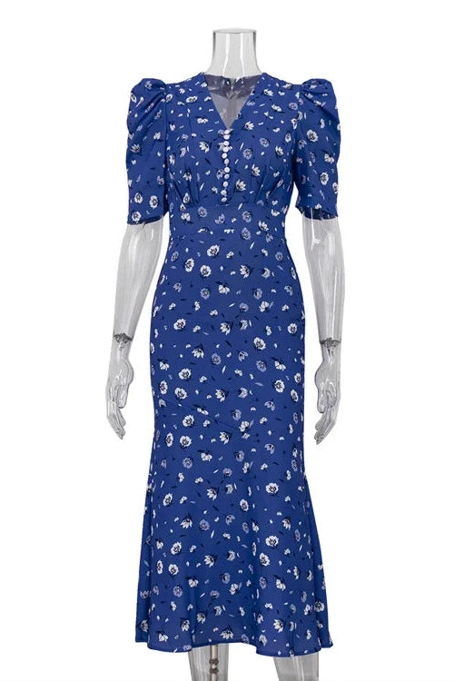 Glorol - Elegant Printed Puff Sleeve V-Neck High Waist Maxi Dress