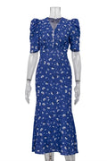 Glorol - Elegant Printed Puff Sleeve V-Neck High Waist Maxi Dress