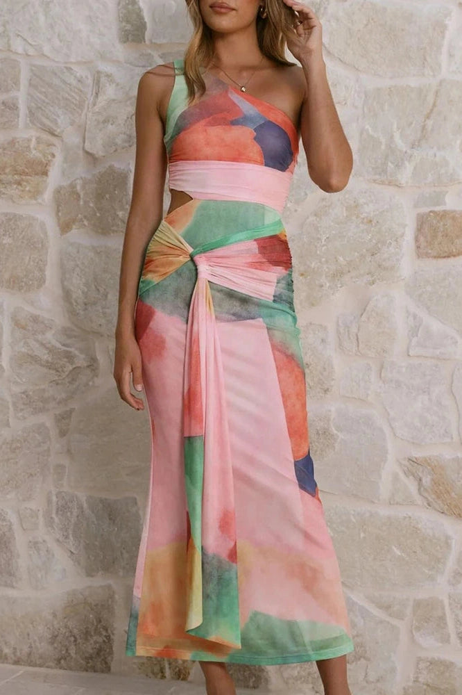 Glorol - Hollow Out Sleeveless Slim High Waist Printed Maxi Dress