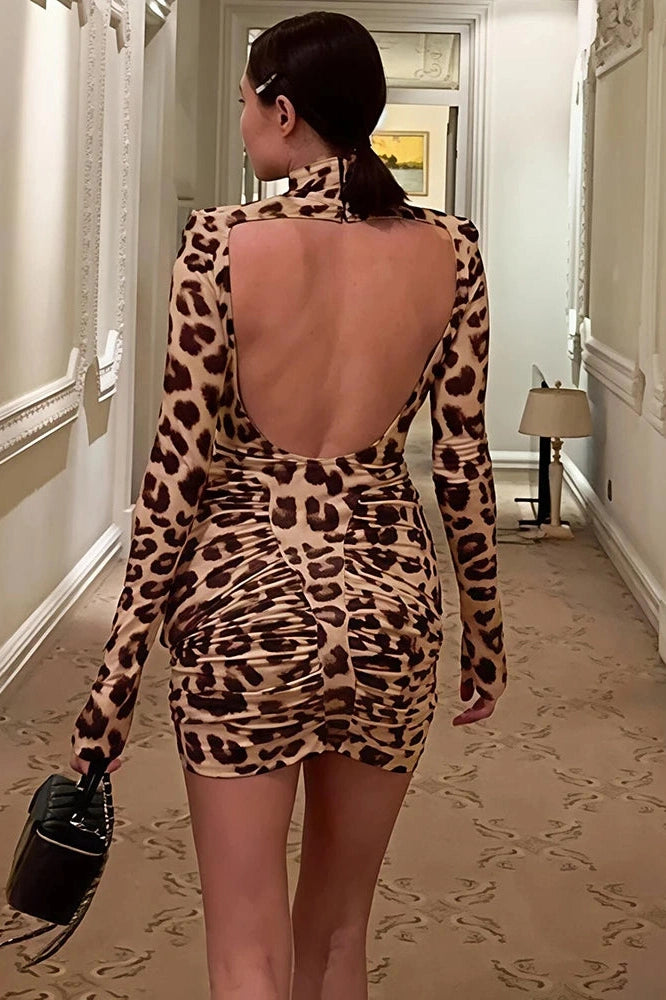 Glorol - Printed Turtleneck Backless Long Sleeve Bodycon Mini Dress