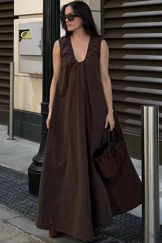 Glorol - Sleeveless Cotton U-Neck Loose Maxi Dress