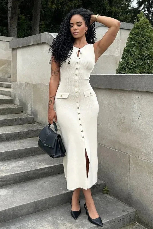 Elegant Knitted Sleeveless Button Bodycon Midi Dress