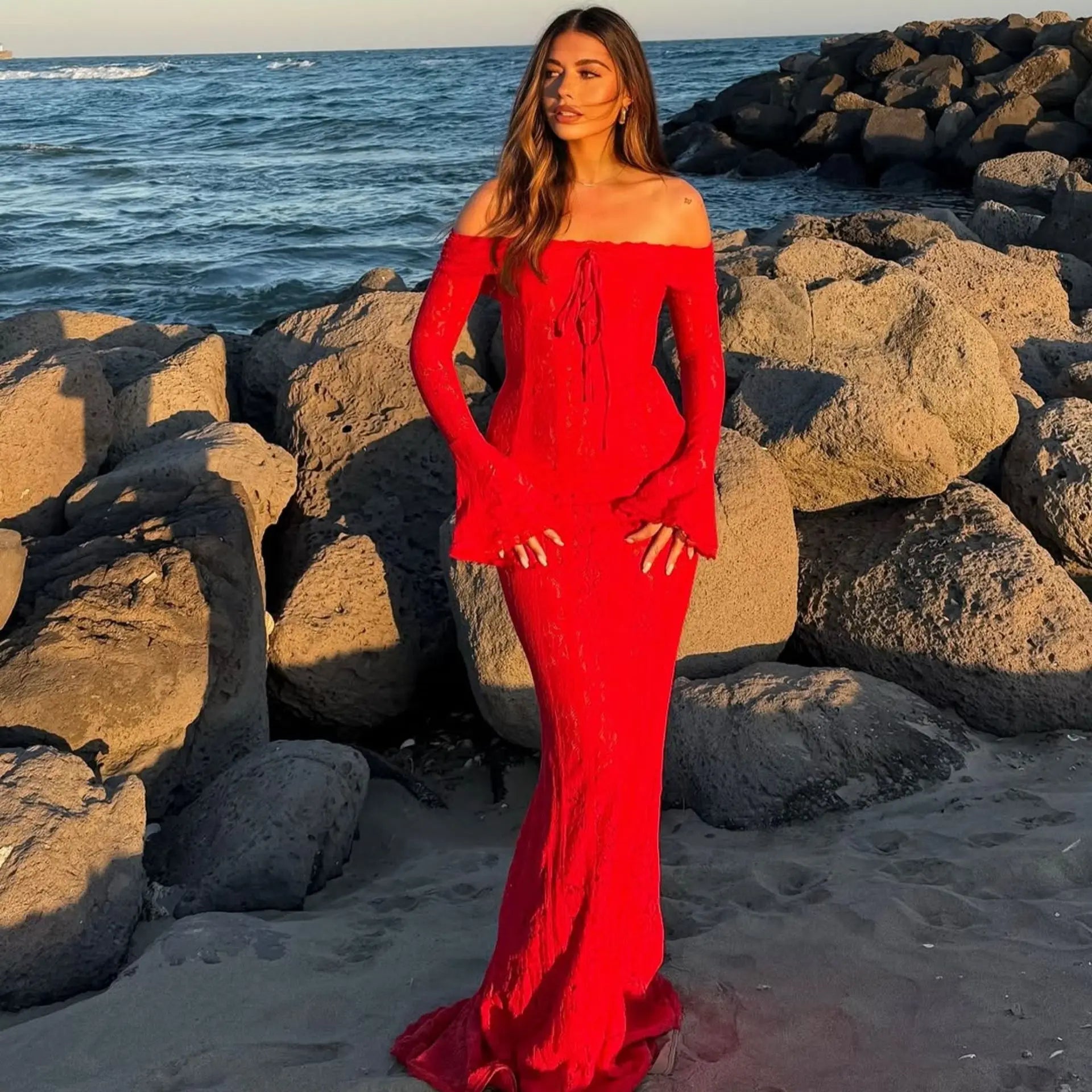 Glorol - Hollow Out Long Sleeve Bodycon Maxi Dress