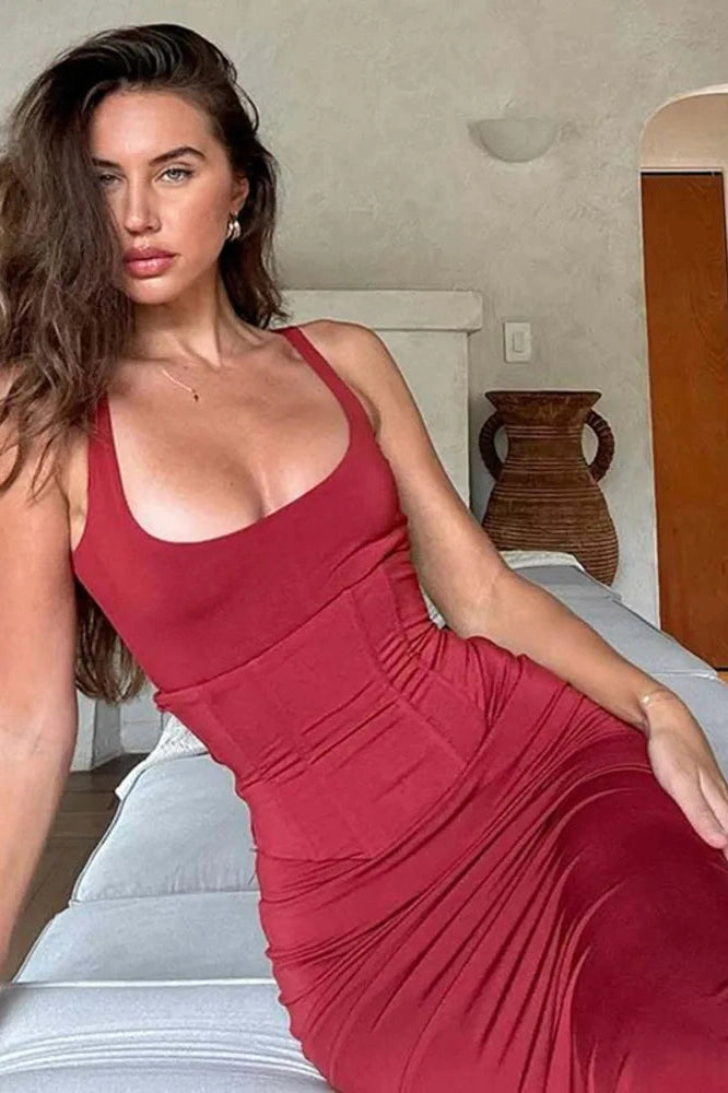 Glorol - Backless Square Collar Sleeveless Lace-up Bodycon Maxi Dress