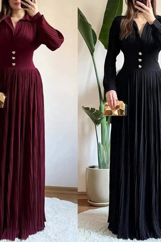 Glorol - Long Sleeve High Waist Pleated V-Neck Maxi Dress