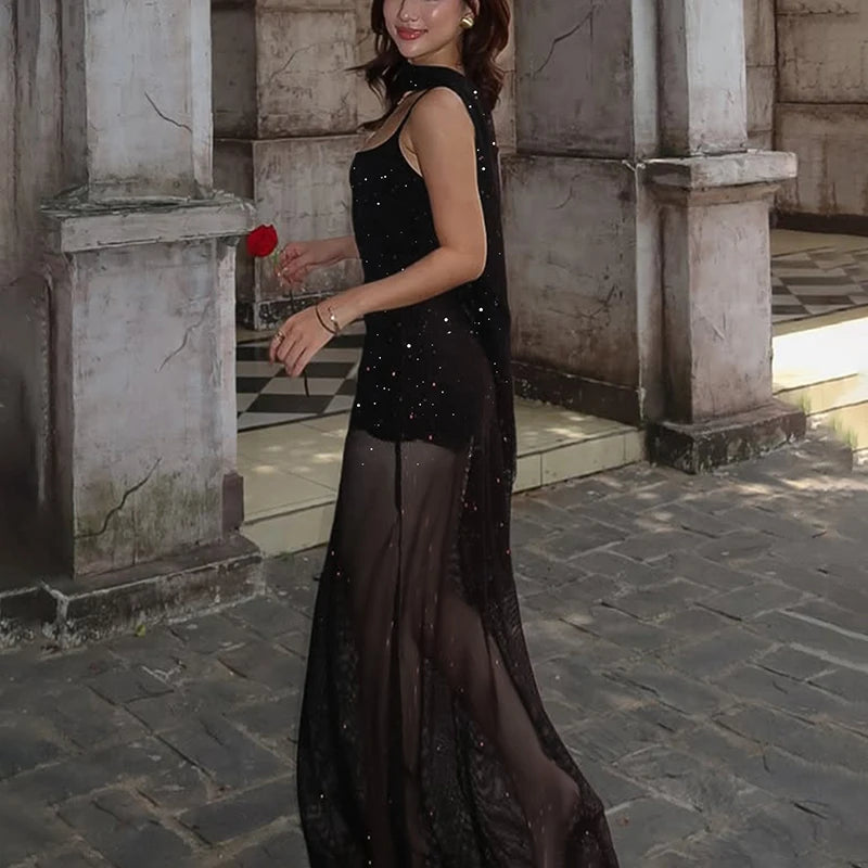 Glorol - Elegant Lace See-Through Mesh Scarf Maxi Dress