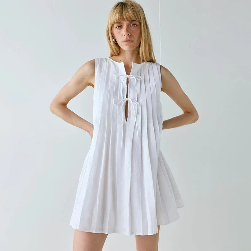 Glorol - Pleated O Neck Sleeveless Lace Up Mini Dress