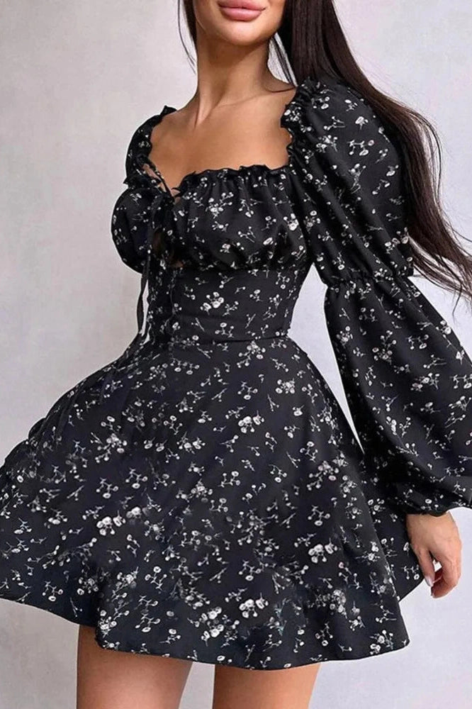 Glorol - Long Puff Sleeve Square Collar Backless Mini Dress